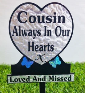 Cousin Heart Shaped Memorial Plaque Grave Gift Tribute  Blue Sparkle Butterfly - Picture 1 of 3