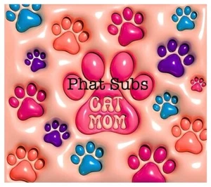 20oz Sublimation Tumbler Wrap Puffy Cat Mom Ready To Press Heat Transfer - Picture 1 of 1