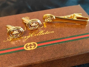 Gucci Manschettenknöpfe Krawattenklammer Pin Set ineinandergreifend gold versilbert Metall mit Box - Bild 1 von 15