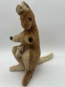 Antico peluche vintage canguro e joey vera pelliccia 1940 1950 senza marchio - Foto 1 di 12