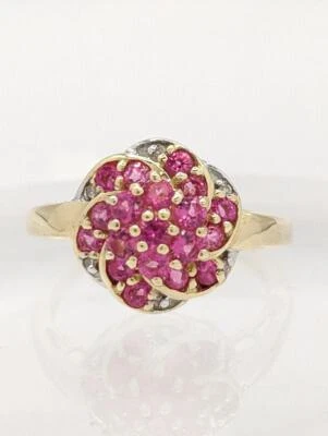 14k 3.8g Solid Yellow Gold Synthetic Spinel Swirl Bouquet Diamond Ring Size-7 - Image 1 of 4
