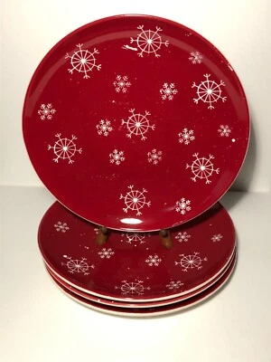 St. Nicholas Square Jolly (4) Red w/ White Snow Flakes Round 11" Holiday Plate - Image 1 of 4