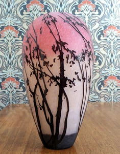 Vintage Acid Etched Cameo Marbled Art Glass Tree Ovoid Vase Galle Charder Style - Picture 1 of 9