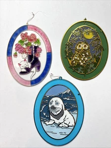 Vintage Plastic Oval Sun Catchers Faux Stained Glass Cat Seal Owl 8.5x6.5” Set/3 - Picture 1 of 13