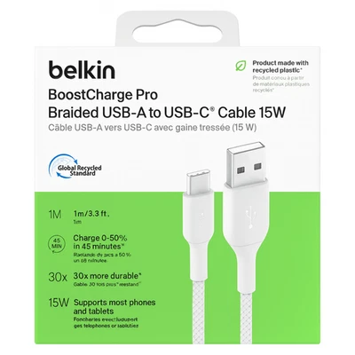 Belkin BoostCharge Pro USB-A to USB-C Braided Cable 3.3ft 1M White NEW - Image 1 of 3