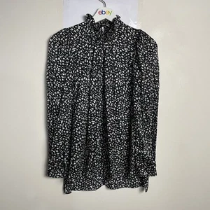 Saba 100% Silk Blouse Black White Animal Print High Neck Size 4 Ruffle Detail - Picture 1 of 9