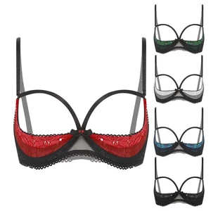Womens See Through Lace Underwired 1/4Cup Bra Hollow Out Push Up Balconette Bra - Picture 1 of 47