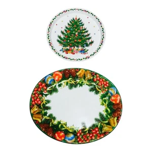 Lote 2 Bandejas de Navidad Vintage Ullman Co Árbol de Metal y Plástico Ovaladas Decoración de Vacaciones - Imagen 1 de 7