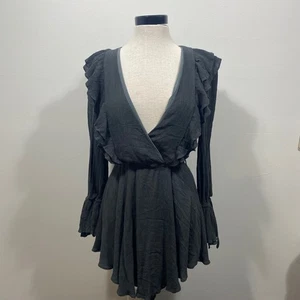 Here Comes the Sun Dress Small Gray Ruffle Long Sleeve Deep V Neck Boho - Picture 1 of 12