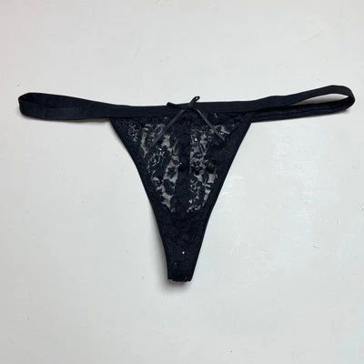 Calcinha Tanga Vintage Victoria's Secret, Y2k Preta Cordão V Malha Cintura Baixa P - Imagem 1 de 4