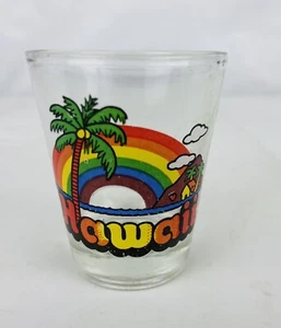 Vintage Shot Glass Hawaii Colorful Rainbow Palm Trees Volcano Retro Barware - Picture 1 of 6