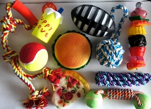 LARGE DOG TOY SELECTION BOX OF TEN ASSORTED DOG TOYS SQUEAKY ROPE FETCH TOYS - Picture 1 of 3
