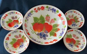 Vintage Enamel Fruits Serving Bowl and 4 Salad Bowls - Picture 1 of 12