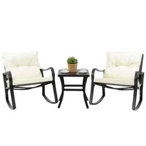 3-Piece Metal Outdoor Bistro Set Rocking Chairs with White Cushions - Picture 1 of 7