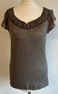next signature Top Blouse Size 10 Brown Sheer Cap Sleeves Buttons Ruffle Neck