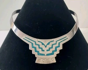 Vintage Mexico 925 Silver & Inlaid Turquoise Chip Choker, Collar Necklace Exc! - Picture 1 of 13