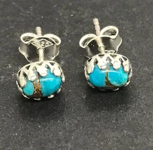 Mohave Turquoise stud earrings, solid Sterling Silver, oval, crown setting. New. - Picture 1 of 9