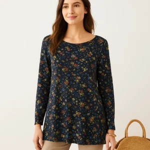 Túnica floral azul marino de algodón Jill Pima manga larga para mujer XL Cottagecore Boho - Imagen 1 de 11