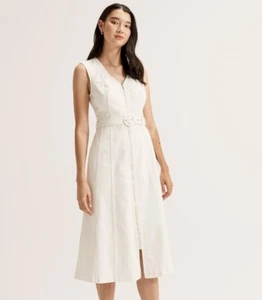 REVIEW Gigi White Denim Zip Front Belted Midi Dress Size 10 NWT - Picture 1 of 10