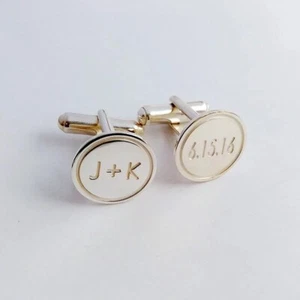 Men's Customized Special Initials And Date Engraved Cufflinks In 10K White Gold - Picture 1 of 6