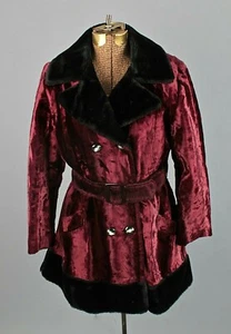 VTG Women's 1960s Black & Purple / Burgundy Velvet Belted Coat Sz S 60s - Picture 1 of 12