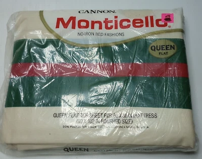Monticello Cannon Flat Bed Sheet Queen Vintage Green, Red Stripe on Beige sheet - Image 1 of 4
