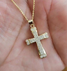 Simulated Diamond Cross Pendant Necklace in Solid 925 14K Yellow Gold Finish  - Picture 1 of 4