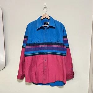 Vintage Wrangler Brushpopper blau rosa Western Knopfleiste Cowboy Hemd Gr. 16 x 34 - Bild 1 von 6
