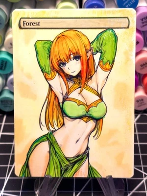 FOREST  MTG *Altered Hand Colored Original Art Anime - Redhead Waifu - 12225 - Image 1 of 4