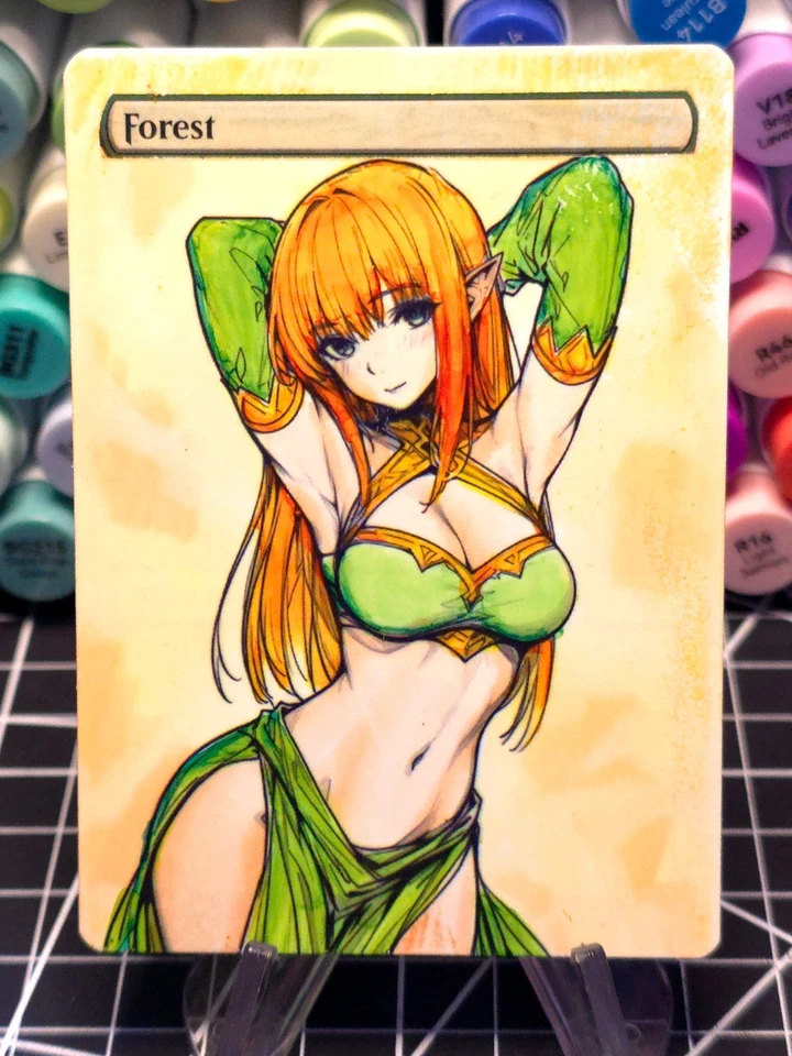 FOREST  MTG *Altered Hand Colored Original Art Anime - Redhead Waifu - 12225 - Image 1 of 4