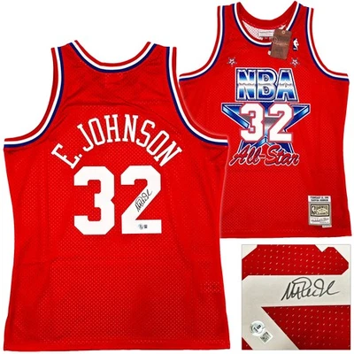 Lakers Magic Johnson Auto Red Mitchell & Ness 1991 ASG Swingman Jersey L Beckett - Image 1 of 4