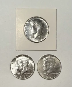 1966 SMS & (2) AU Details 1969 D Kennedy 1/2 Half Dollar 40% Silver 3-Coin Lot - Picture 1 of 8