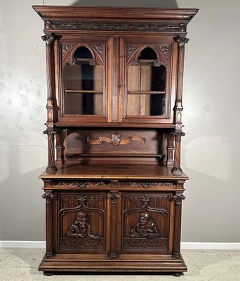 Antique French Gothic Walnut Wood Sideboard Buffet Bookcase - Image 1 of 4