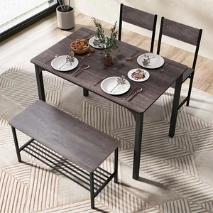 Industrial Dining Set Compact Bar Table with Bench & 2 Stools Kitchen Furniture - Picture 1 of 28