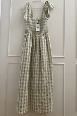 MANGO Dress Green Check Smocked Midi Maxi Length Size Small NWT - Image 1 of 4