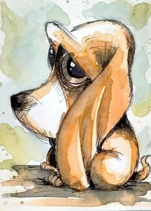 NEW! ACEO Cat Painting big DOG puppy Original watercolor Collectible Art - Picture 1 of 4
