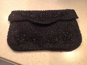 Ladies Vintage Handbag Clutch Walborg Made In Belgium Black Beaded Black Lined - Imagen 1 de 12