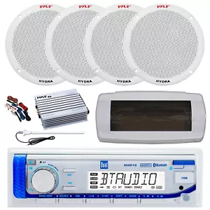 Dual Bluetooth Marine Radio,Cover,Antenna,Amp w/Kit, 4x 6.5'' 400W White Speaker - Picture 1 of 8