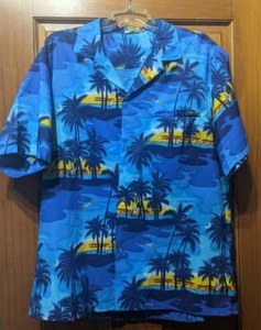 Vintage JADE FASHIONS Hawaiian Shirt Mens XL Blue Palm Trees Sunset Sailboats - Picture 1 of 7
