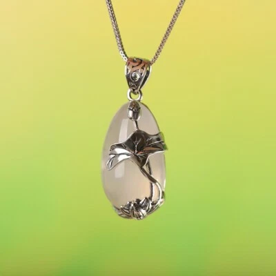 I03 Rimorchio Fiore E Foglia Sur Bianco Calcedonio Argento Sterling 925 - Immagine 1 di 4