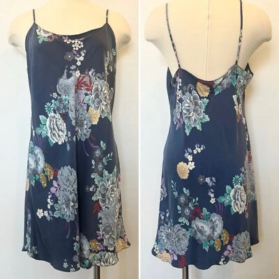 Vestido sin Mangas Vintage Natori 100% Seda Azul Marino Floral Estampado Pavo Real Chemise XL Foto 1 de 4