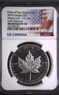 2019 $5 Canadian Silver Maple Leaf  NGC Modified PF70 Pride of Two Nations ER - Image 1 of 3