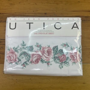 Vtg Utica Percale Twin Flat Sheet Floral Rose Blossom Pink USA-made New in Pkg - Picture 1 of 7