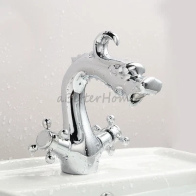 Chrome Dragon Shaped Bathroom Sink Faucet Double Cross Handles Basin Mixer Taps - Image 1 of 4