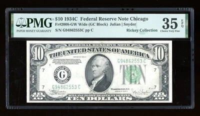 DBR 1934-C $10 FRN Wide Chicago Fr. 2008-Gw PMG 35 EPQ Serial G94862553C - Image 1 of 2