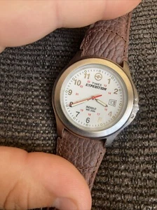 Timex Expedition Indiglo WR 50M Black-Case Wrist Watch w/Leather Strap-Band NICE - Picture 1 of 6