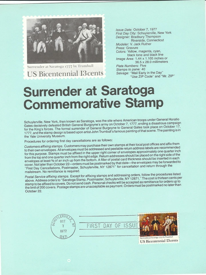 Scott # 1728...13 Cent...Surrender at Saratoga...First Day Of Issue (1977) - Image 1 of 1