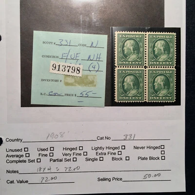 U.S. 1908' Stamp Scott #331 Block Of Four  1 cent Green MNH OG - Image 1 of 4