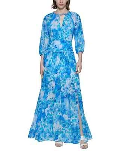 Calvin Klein Women's Blue Floral Print Chiffon Embellished-Neck Maxi Dress - ... - Picture 1 of 4