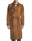 Mens Fallout Long Trench Coat Lamb Leather Full Length Duster Coat Brown Suede